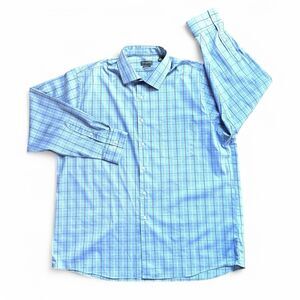 Van Heusen Flex Mens Button Down Shirt Reg Fit Lt Blue Plaid Sz 17.5 - 32/33 Slv